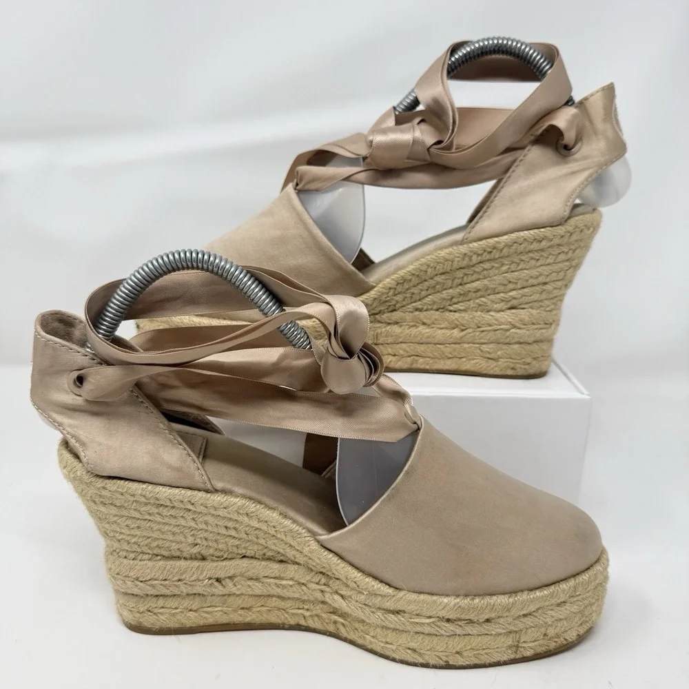 Tory Burch Elisa Wedge Satin Espadrille Soy Latte Size 8.5 Sandals Ankle Ribbon
